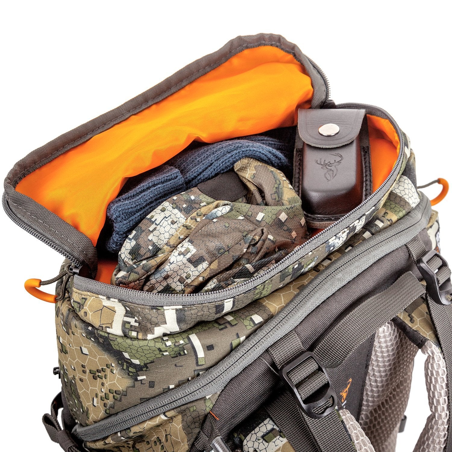 Top pocket of Hunters Element Canyon Pack unzipped