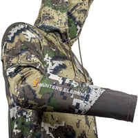 Sleeve of camouflage hoodie with Hunters Element branding