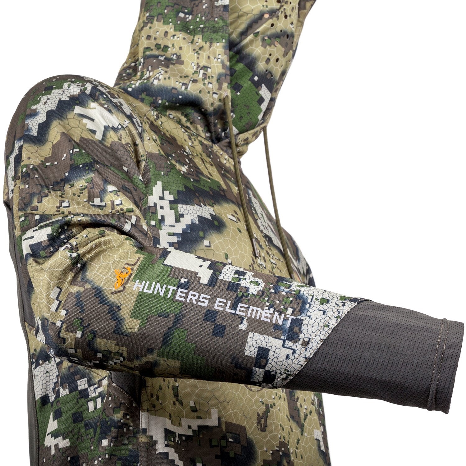 Sleeve of camouflage hoodie with Hunters Element branding