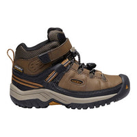 Side view of Keen Targhee Kids Mid Waterproof Hiking Boot in Dark Earth Golden Brown