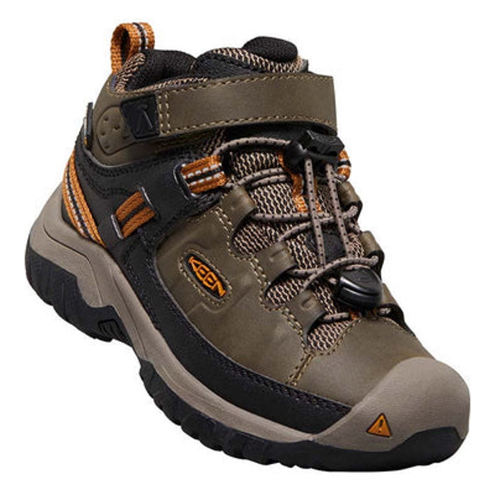 Front view of Keen Targhee Kids Mid Waterproof Hiking Boot in Dark Earth Golden Brown