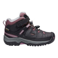 Side view of Keen Targhee Kids Mid Waterproof Hiking Boot in Raven Tulipwood