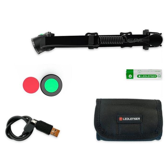 Led Lenser MH10 Headlamp, red lens, green lens, USB charge cable, pouch and battery spread out
