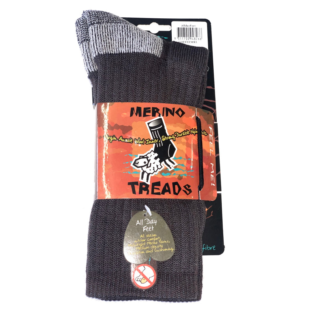 Merino Treads Allday Feet Socks With Grey Inner in Coffee