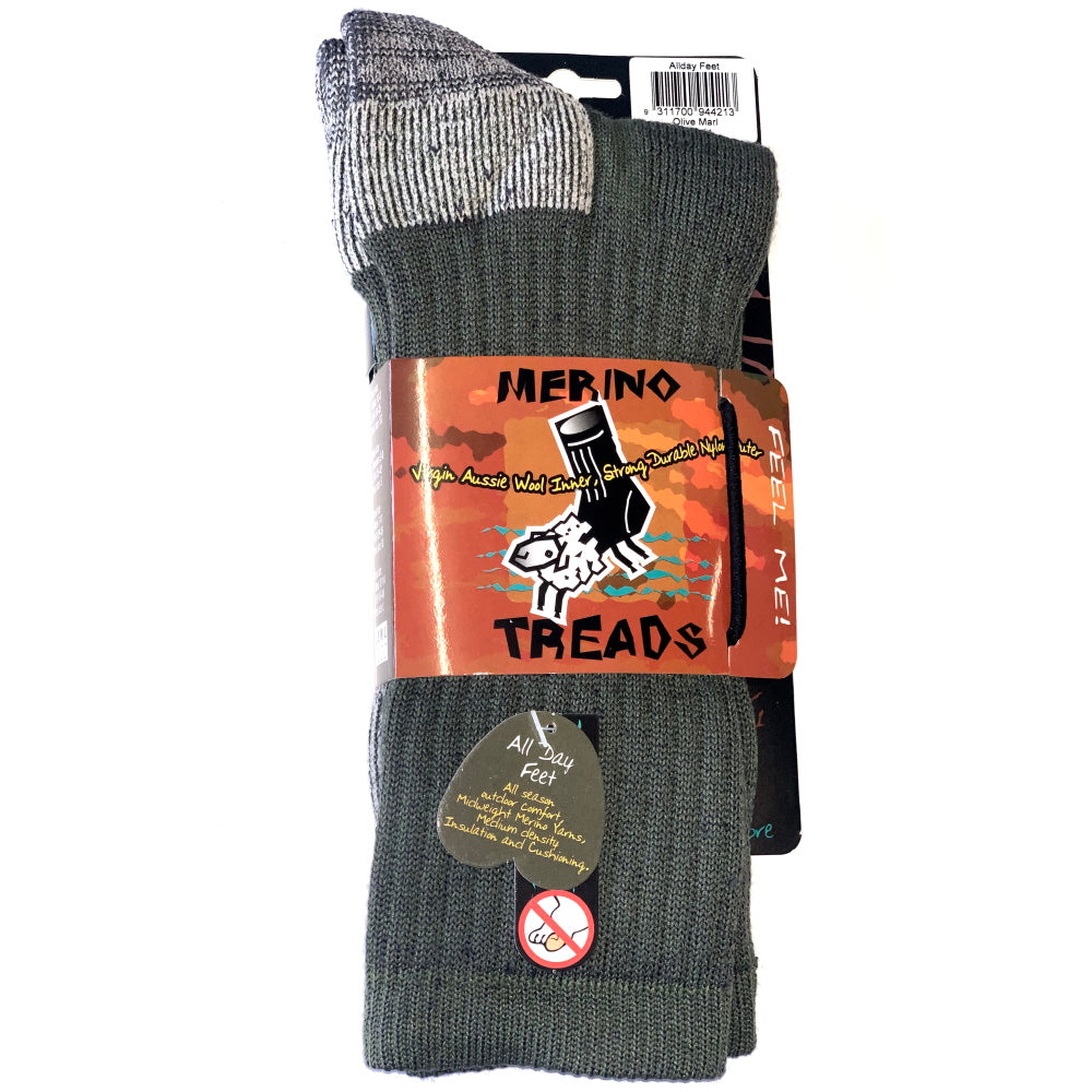 Merino Treads Allday Feet Socks With Grey Inner in Olive