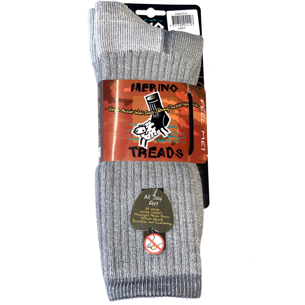 Merino Treads Allday Feet Wool Socks With White Inner in Grey