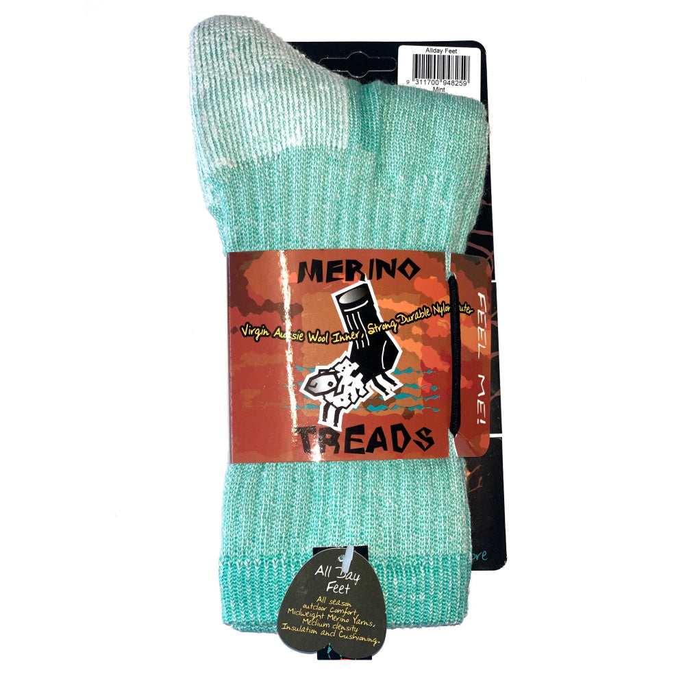 Merino Treads Allday Feet Wool Socks With White Inner in Mint