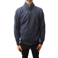 Male model wearing Milton 1/4 Zip Neck Fleece Top in Navy Marle, paired with Black pants