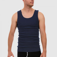 Front of Navy Tradie Mens Cotton Singlet