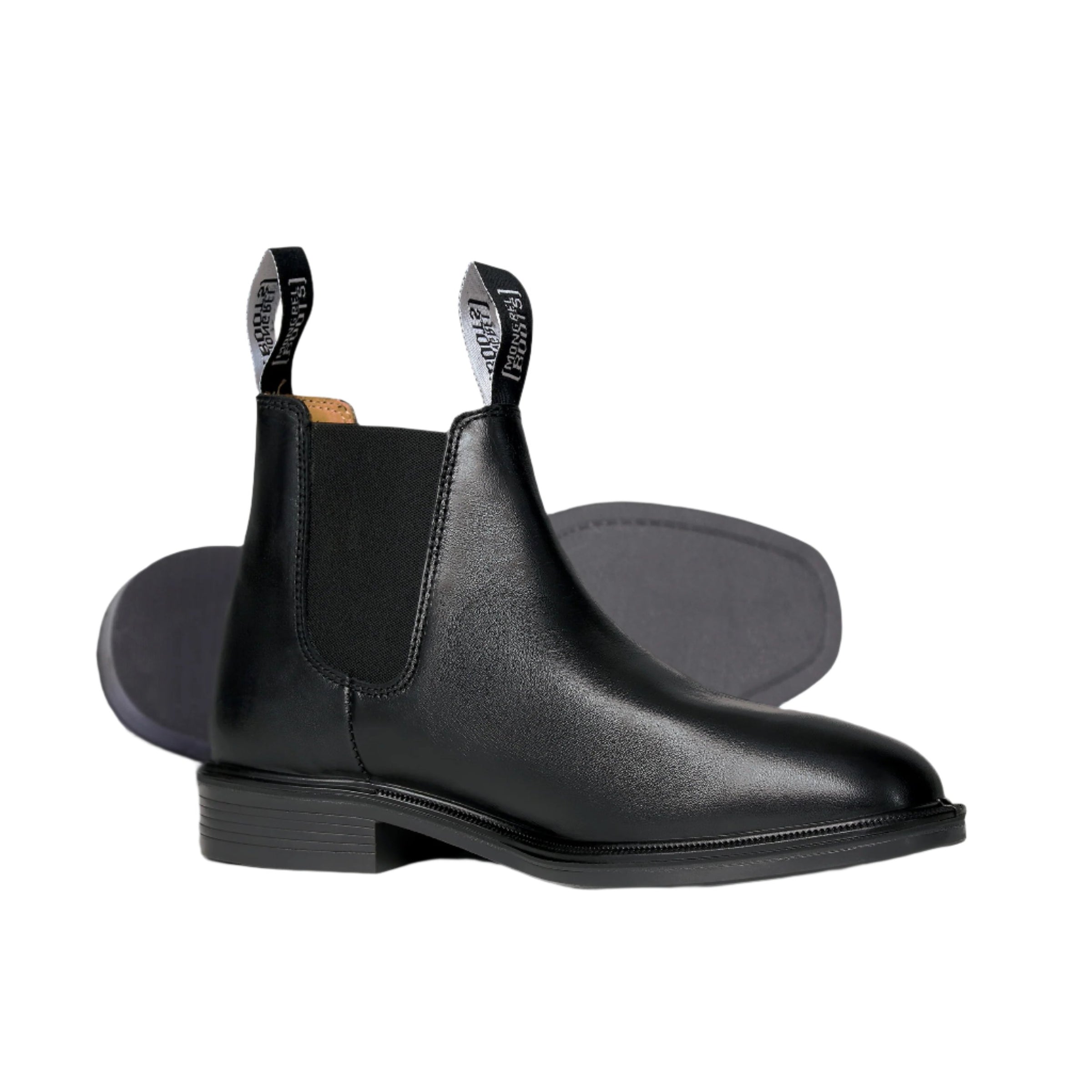Pair of Mongrel 805025 Riding Boots in Black. One boot standing upright in front of  boot on it's side with sole facing.
