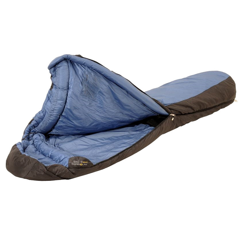 One Planet SAC Sleeping Bag in Blue & Black that has been opened halfway down and lifted to show the blue inner.