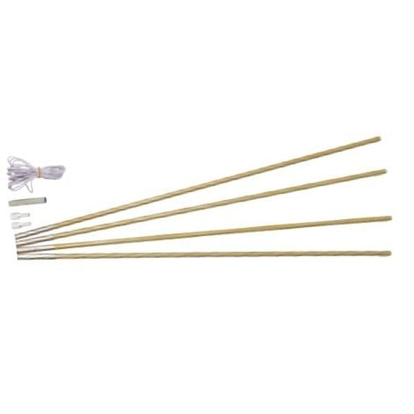 Roll of cord, metal tent pole sleeve, x2 tent pole ends and x4 tent pole sections.