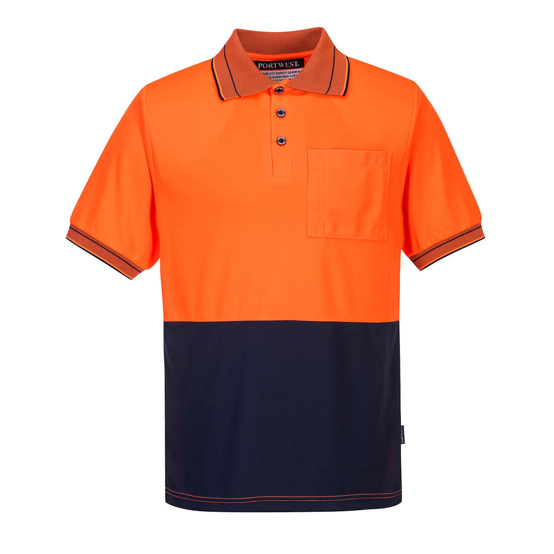 Front view of Portwest Hi Vis Short Sleeve Polo Shirt in Orange top half and Navy bottom half.