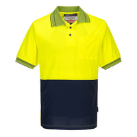 Front of Portwest Hi Vis Short Sleeve Polo Shirt in Yellow top half and Navy bottom half.