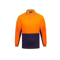 Front of Portwest Hi Vis 2 Tone Micro Mesh Long Sleeve Polo in Orange/Navy