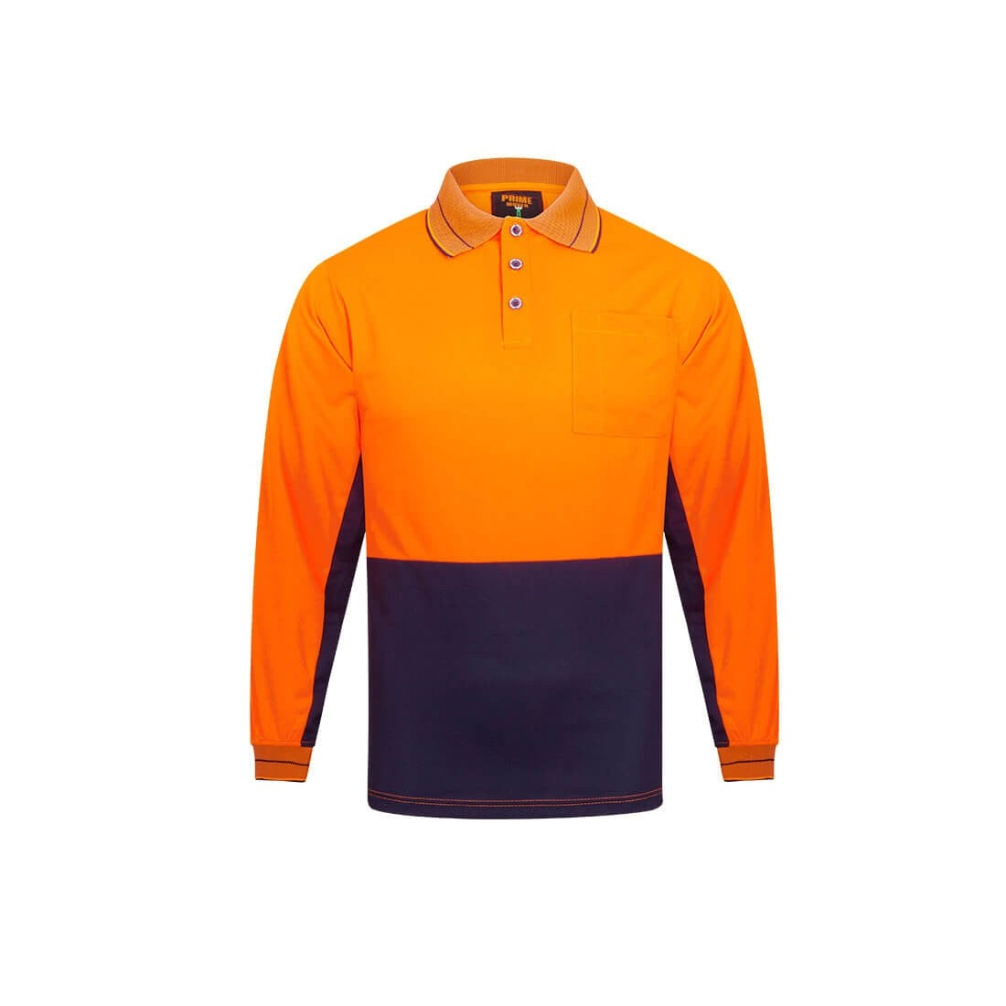 Front of Portwest Hi Vis 2 Tone Micro Mesh Long Sleeve Polo in Orange/Navy
