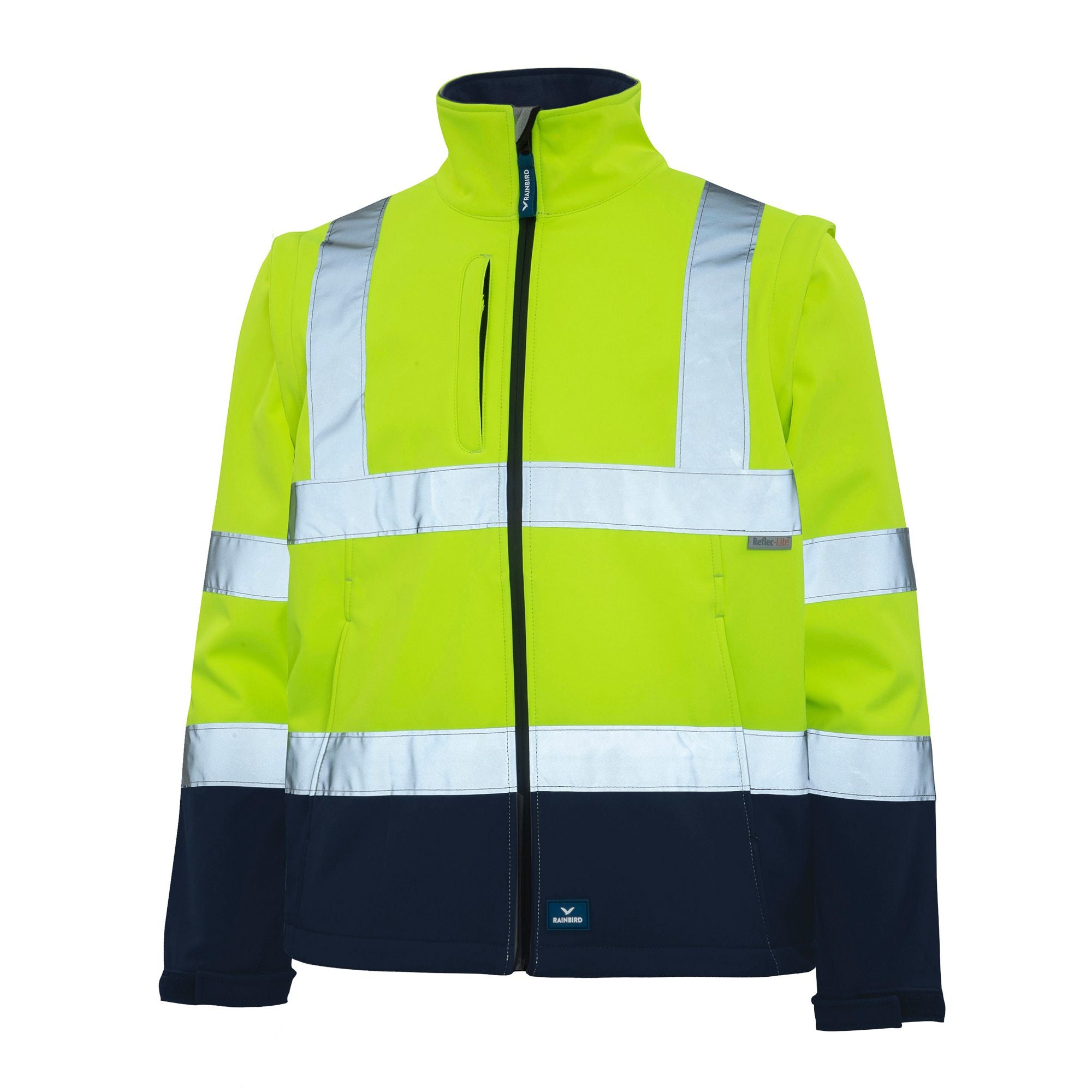 Front view of Rainbird Landy Jacket in Hi Vis Yellow/Navy