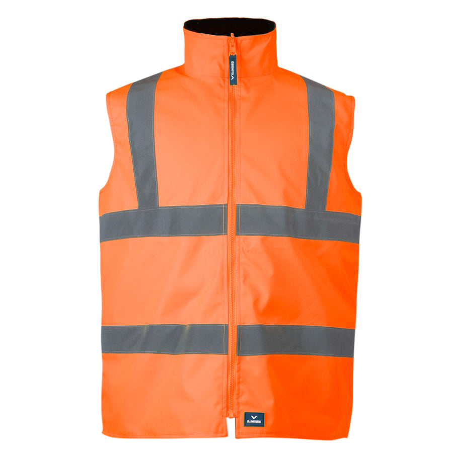 Front view of Rainbird Utility Vest in Fluro Orange with Hi Vis Tape