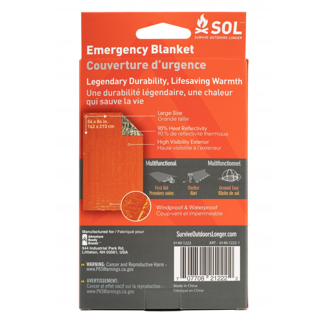 Back of SOL Emergency Blanket box