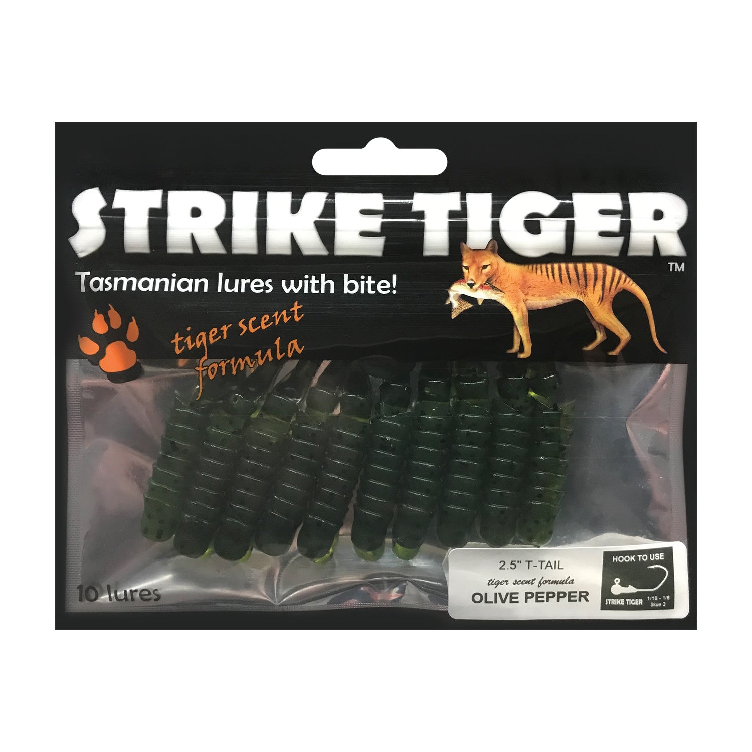 Strike Tiger Lure T-Tail (2.5 Inch X 10 Pack) in Olive Pepper