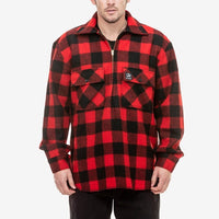 Front view of model wearing Swanndri Ranger Shirt in Red & Black