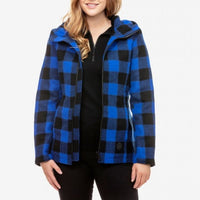 Front view of model wearing Swanndri Seattle Hoody in Blue & Black Check