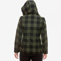 Back view of model wearing Swanndri Seattle Hoody in Olive & Black