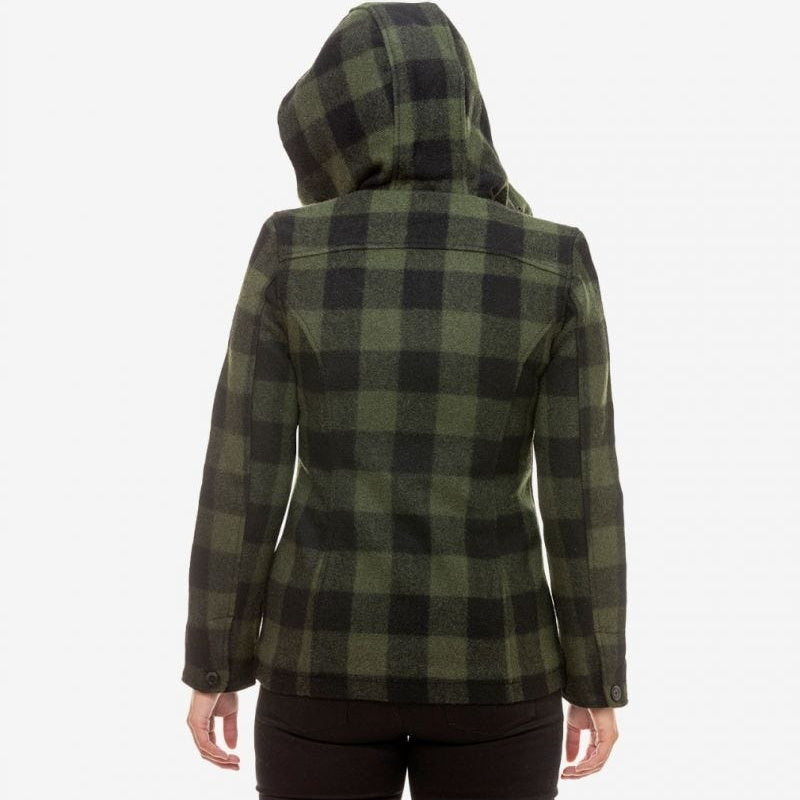 Back view of model wearing Swanndri Seattle Hoody in Olive & Black