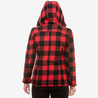 Back view of model wearing Swanndri Seattle Hoody in Red & Black Check