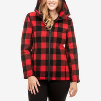 Front view of model wearing Swanndri Seattle Hoody in Red & Black