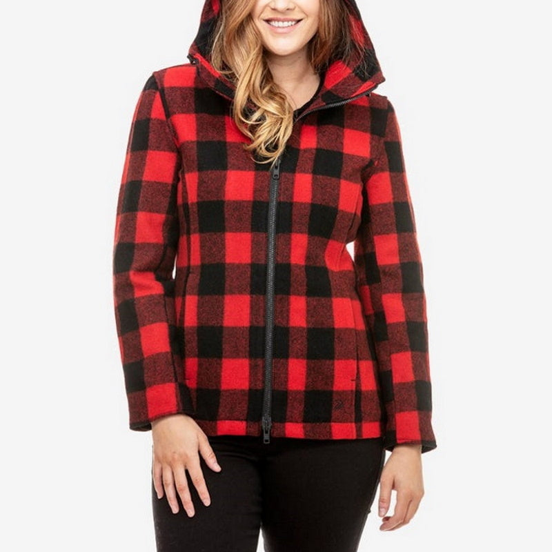 Front view of model wearing Swanndri Seattle Hoody in Red & Black