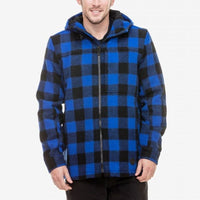 Front view of model wearing Swanndri Hudson Hoodie in Blue/Black