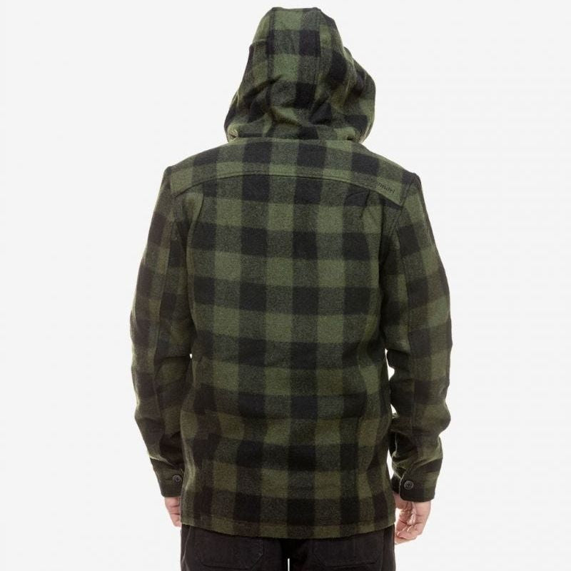Back view of model wearing Swanndri Hudson Hoodie in Olive & Black