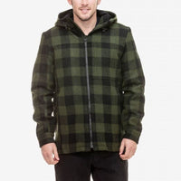 Front view of model wearing Swanndri Hudson Hoodie in Olive & Black