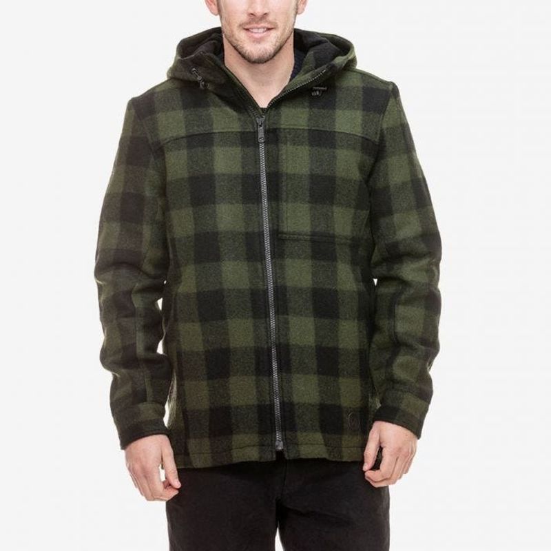 Front view of model wearing Swanndri Hudson Hoodie in Olive & Black