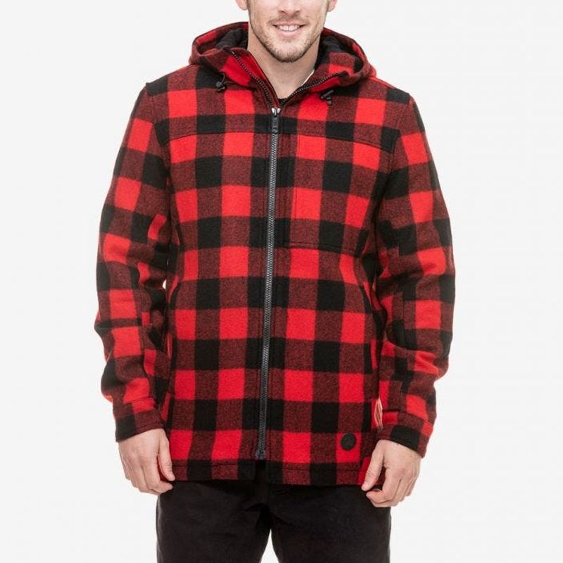 Front view of model wearing Swanndri Hudson Hoodie in Red & Black