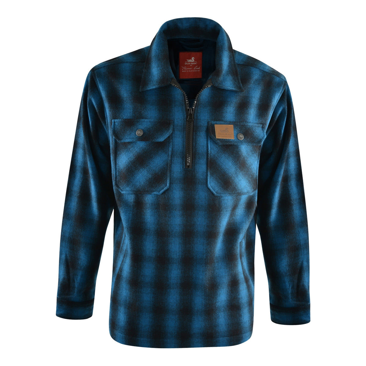 Front view of Thomas Cook Dux Bak Mallard 1/4 Zip Overshirt in Blue