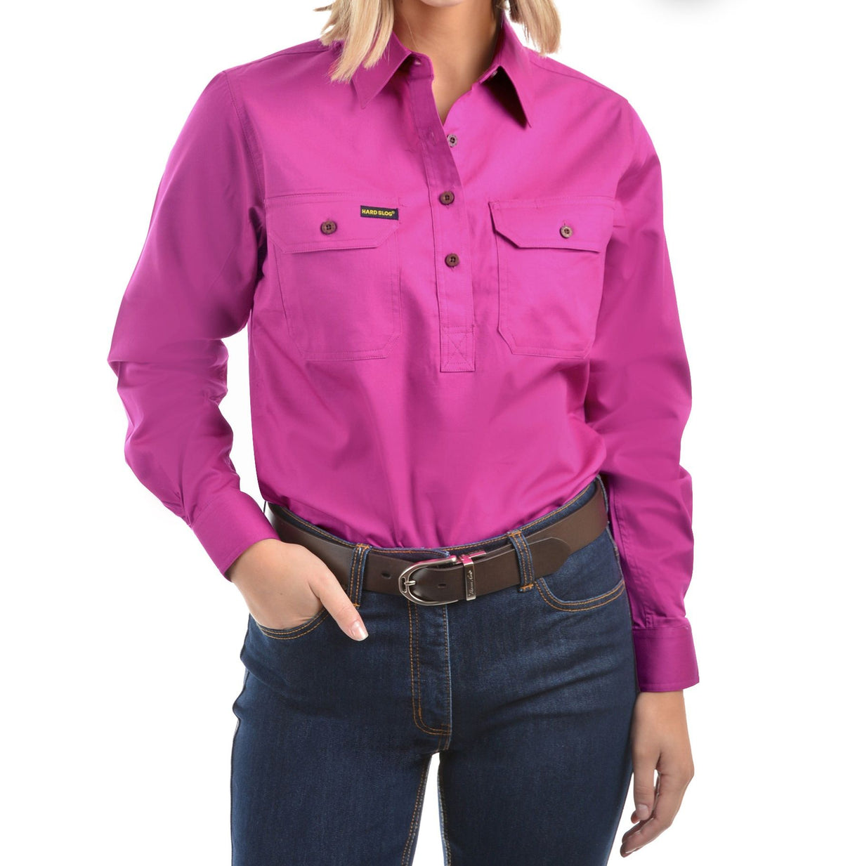 Front of Hard Slog Womens Half Placket Light Cotton Long Sleeve Shirt in Fuchsia