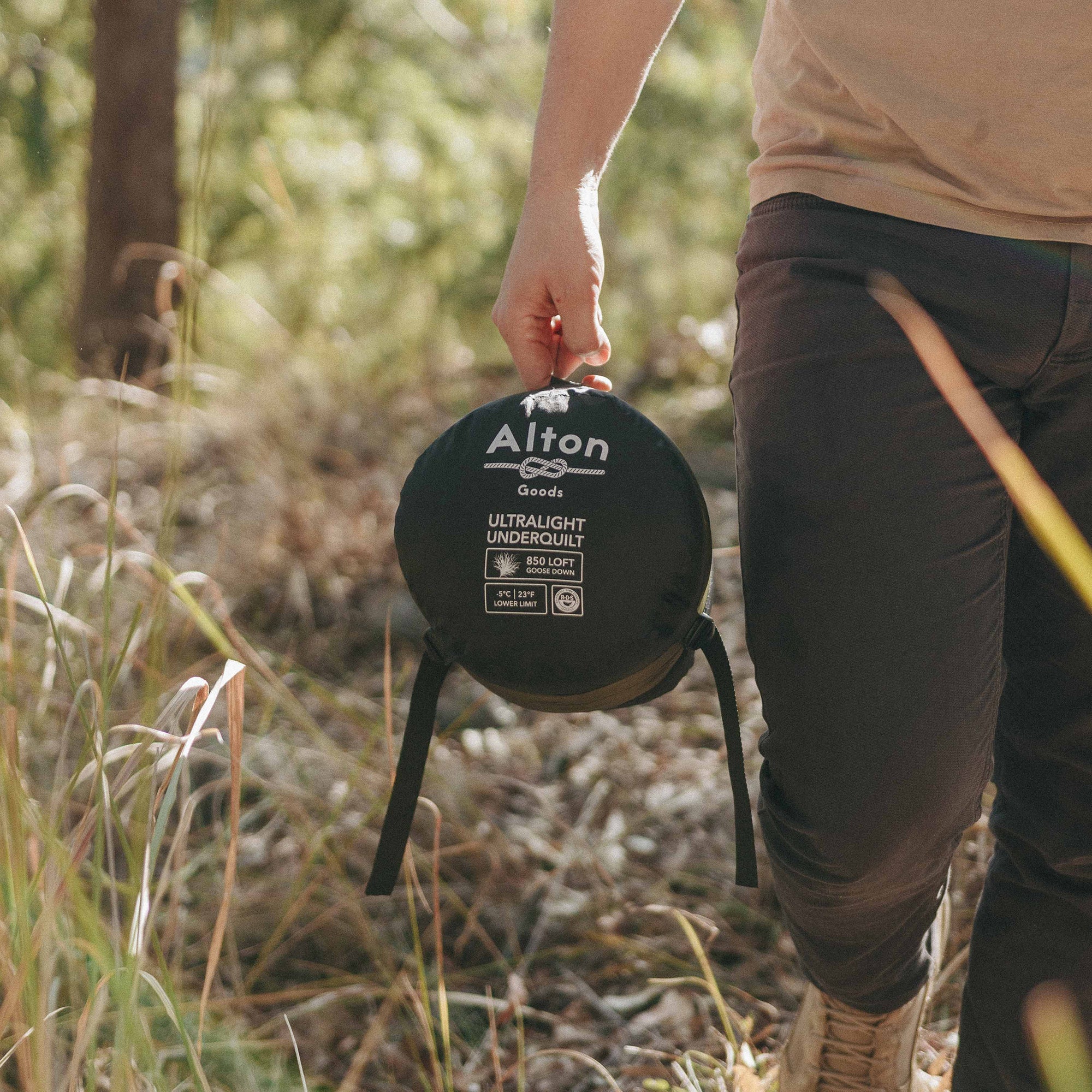 Man walking with Alton Goods Ultralight Underquilt in bag