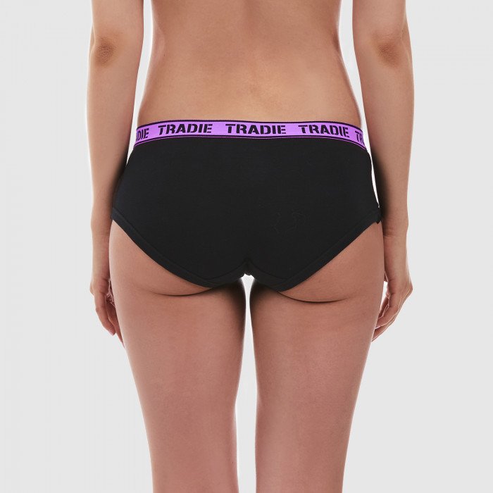 Back of Tradie Ladies Boyleg in Black with Purple band