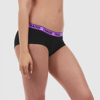 Side of Tradie Ladies Boyleg in Black with Purple band