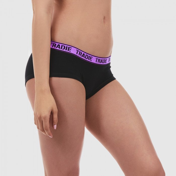 Side of Tradie Ladies Boyleg in Black with Purple band