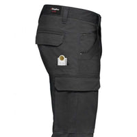 Close siide view of KingGee Tradies Utility Cargo Pants in Charcoal with ruler in side pocket.