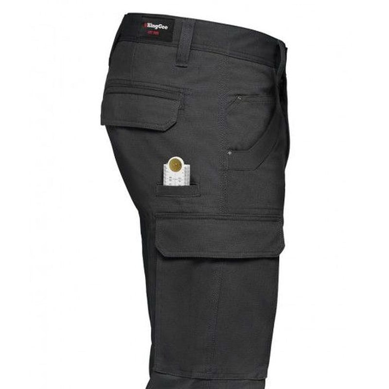 Close siide view of KingGee Tradies Utility Cargo Pants in Charcoal with ruler in side pocket.