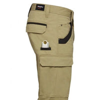 Side view of khaki king gee tradie utility cargo pants in khaki. Ruler in side pocket.