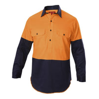 Hard Yakka Hi Vis 2 Tone Closed Front Long Sleeve Shirt Orange/Navy