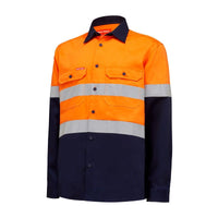 Hard Yakka Core Hi-Vis Two Tone Drill Long Sleeve Shirt With Tape in Orange & Navy