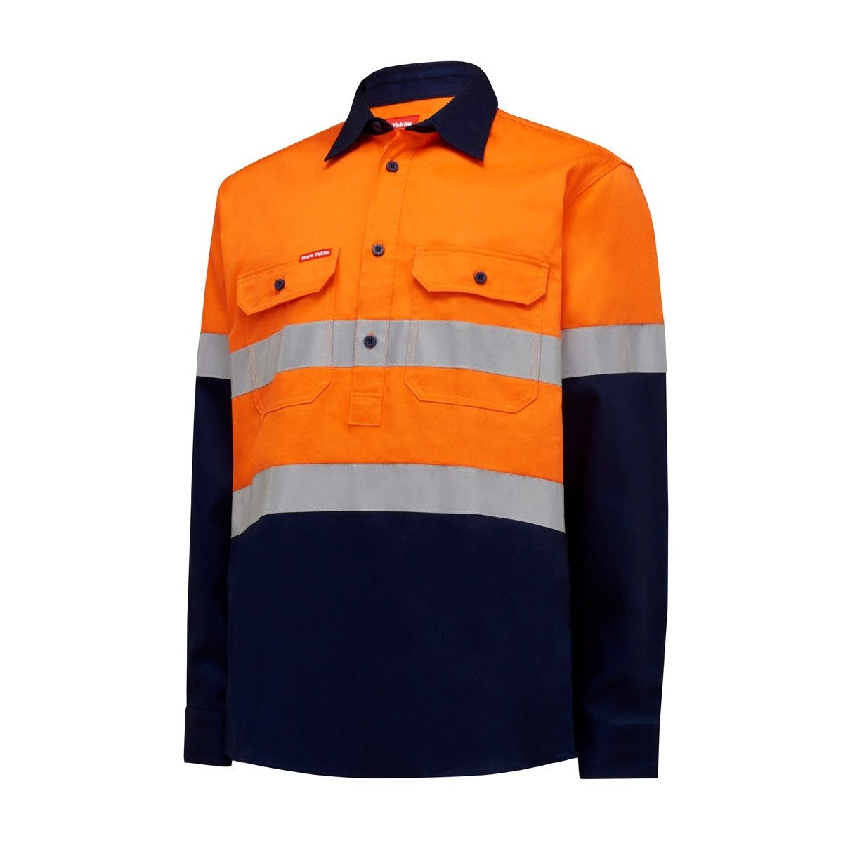 Front view of Hard Yakka Hi-Vis Two Tone Closed Front Drill Shirt With Tape in Orange