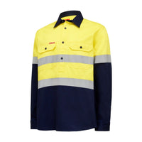 Front view of Hard Yakka Hi-Vis Two Tone Closed Front Drill Shirt With Tape in Yellow