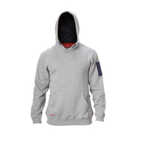 Front view of Hard Yakka Brushed Fleece Work Hoodie in Grey Marle with hood up